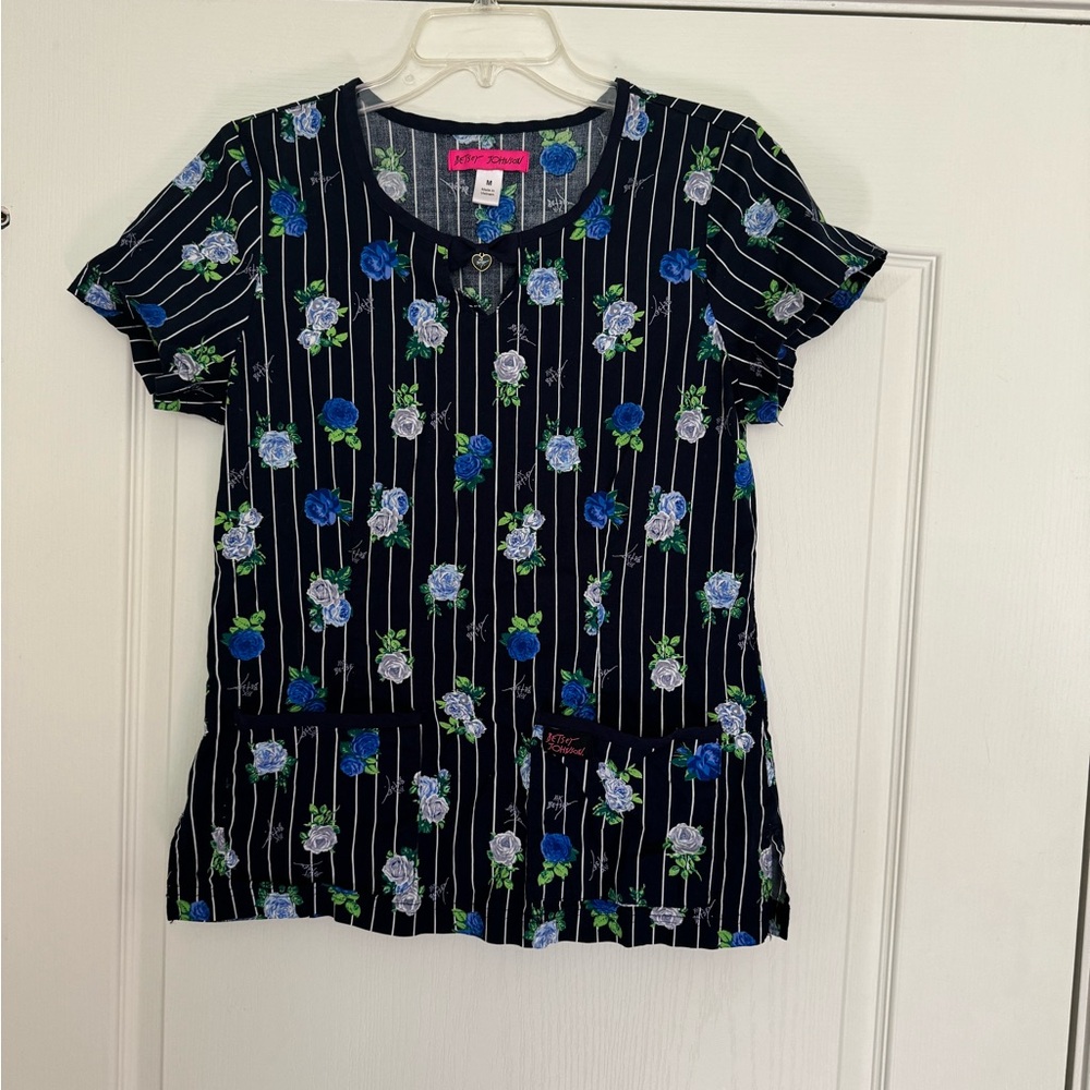Very cute navy blue pinstriped scrub top with blue and grey roses.